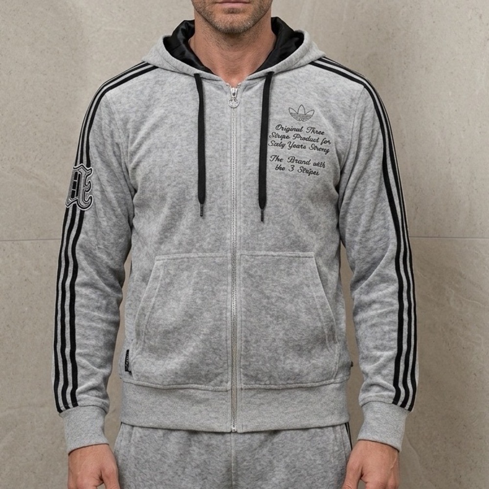 Adidas Hoodie Mens S Grey 60 Years Strong Anniversary Velour Full Zip AZB001